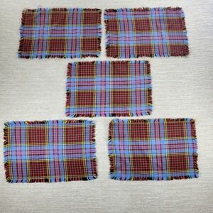 Set of 5 Tartan Plaid Placemats Blue Wool Blend Woven Fringed Preppy Old Money